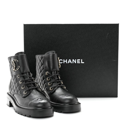 Chanel Shiny Lambskin Quilted Lace Up Combat Boots 38 Black 10 of 10