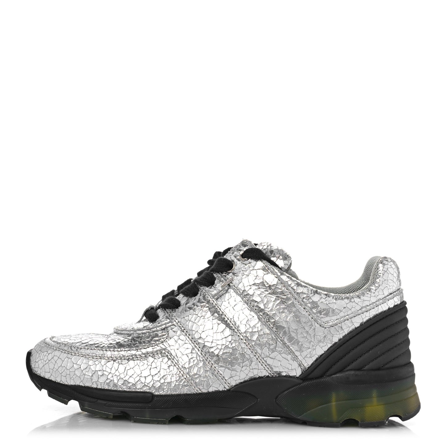 Metallic Crackled Calfskin CC Sneakers 37 Silver Black Navy