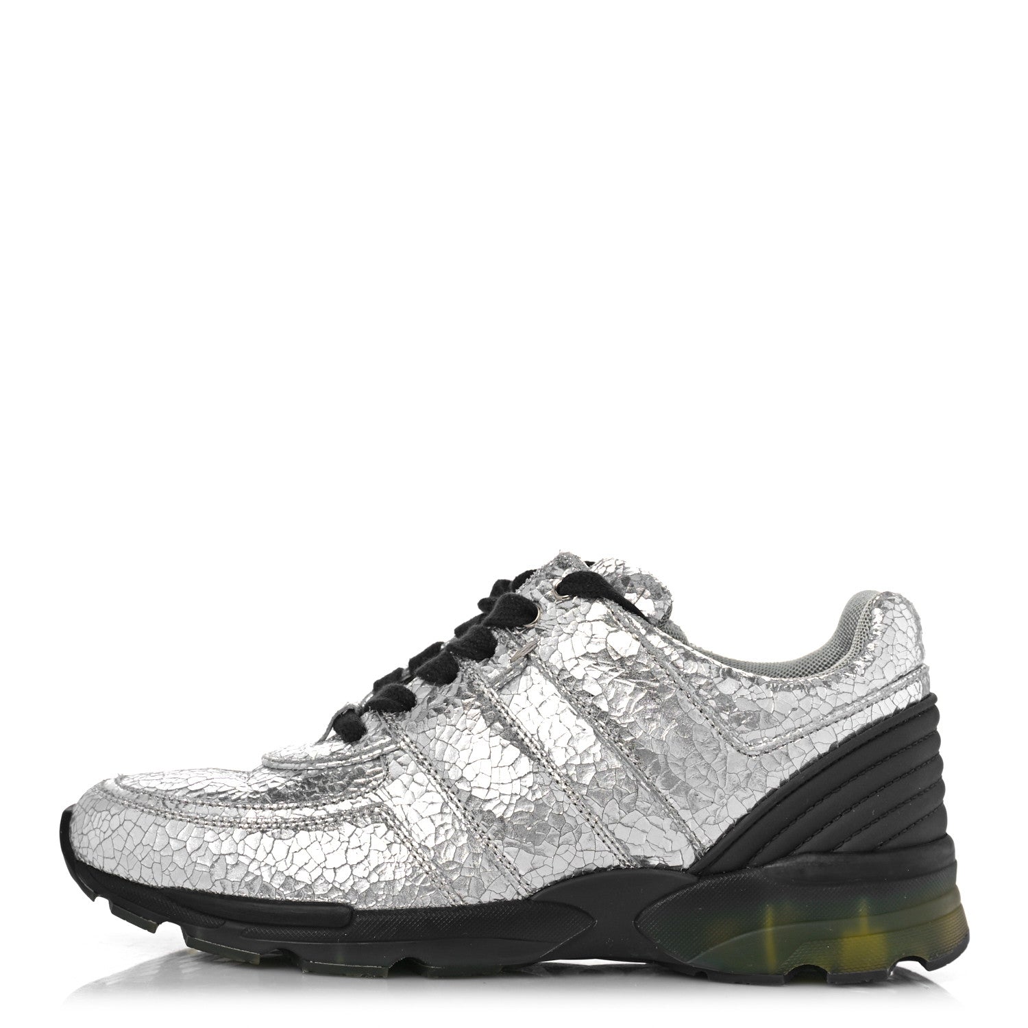 Chanel Metallic Crackled Calfskin CC Sneakers 37 Silver Black Navy 1 of 9