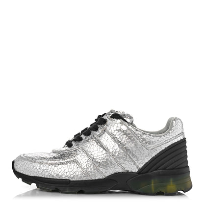 Chanel Metallic Crackled Calfskin CC Sneakers 37 Silver Black Navy 1 of 9
