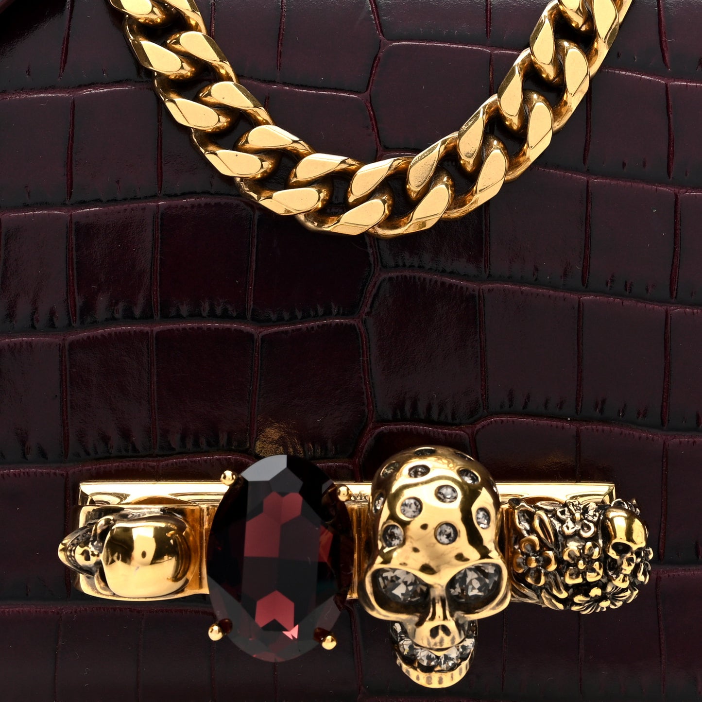 Calfskin Crocodile Embossed Jeweled Shoulder Bag Burgundy