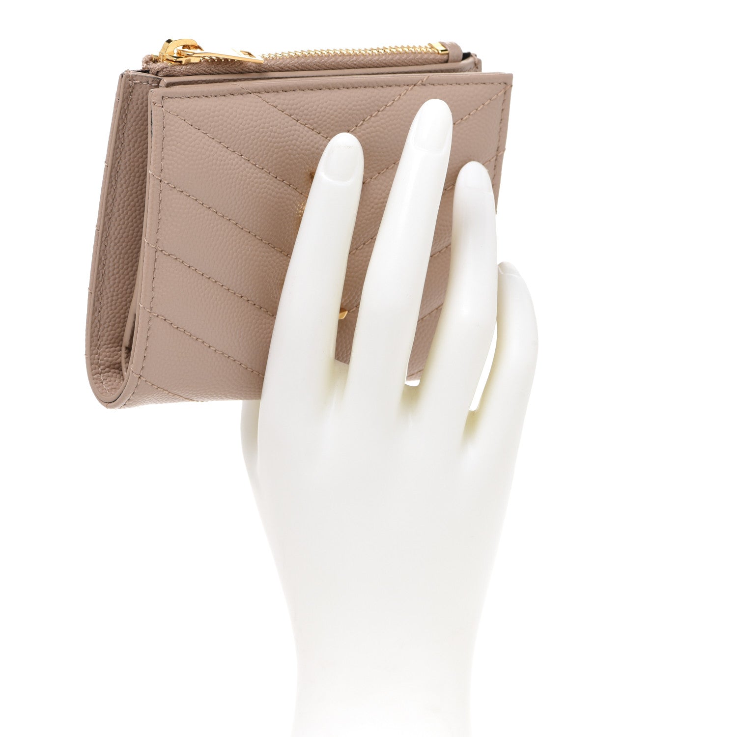 Saint Laurent Grain De Poudre Matelasse Chevron Monogram Zipped Card Case Dark Beige 2 of 8