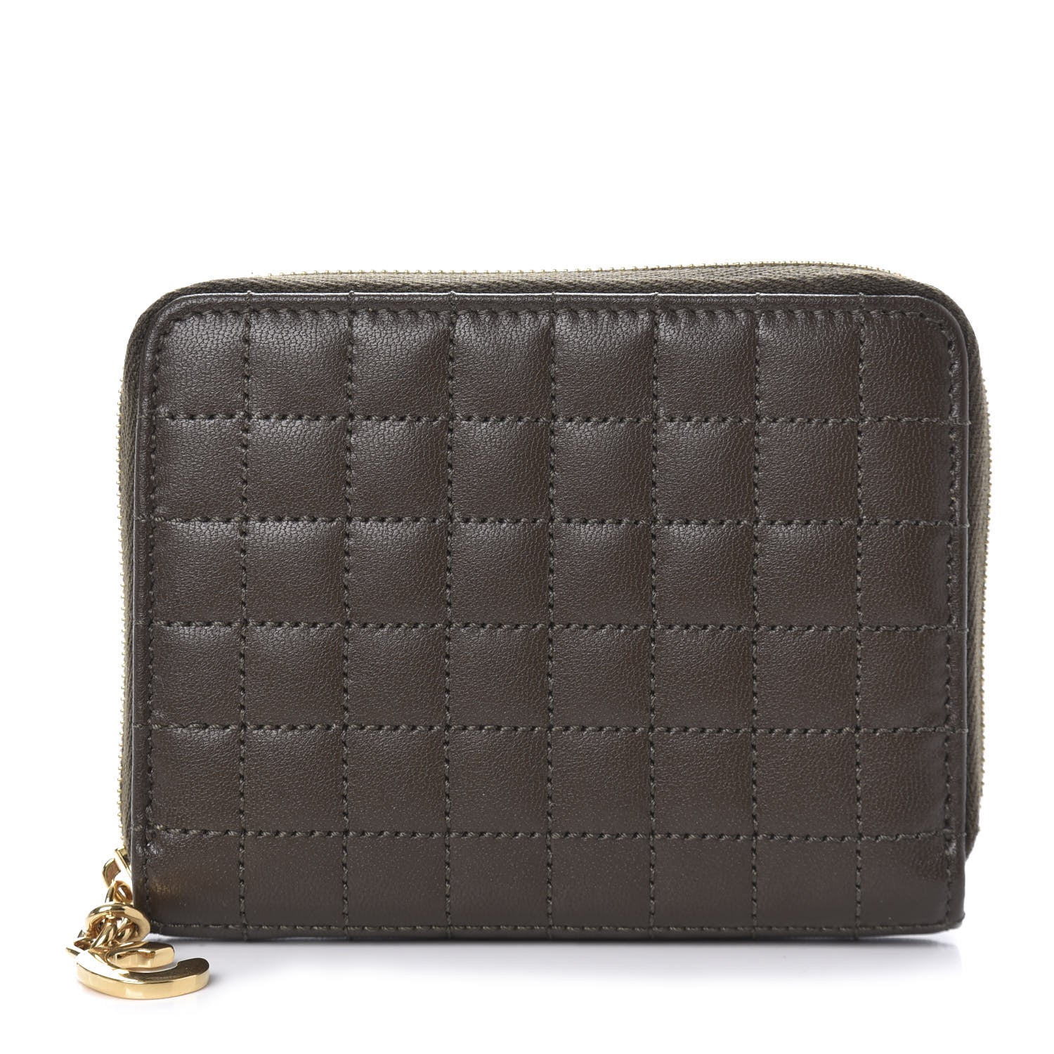 Celine Lambskin Quilted C Charm Zip Around Wallet Khaki 1 of 9