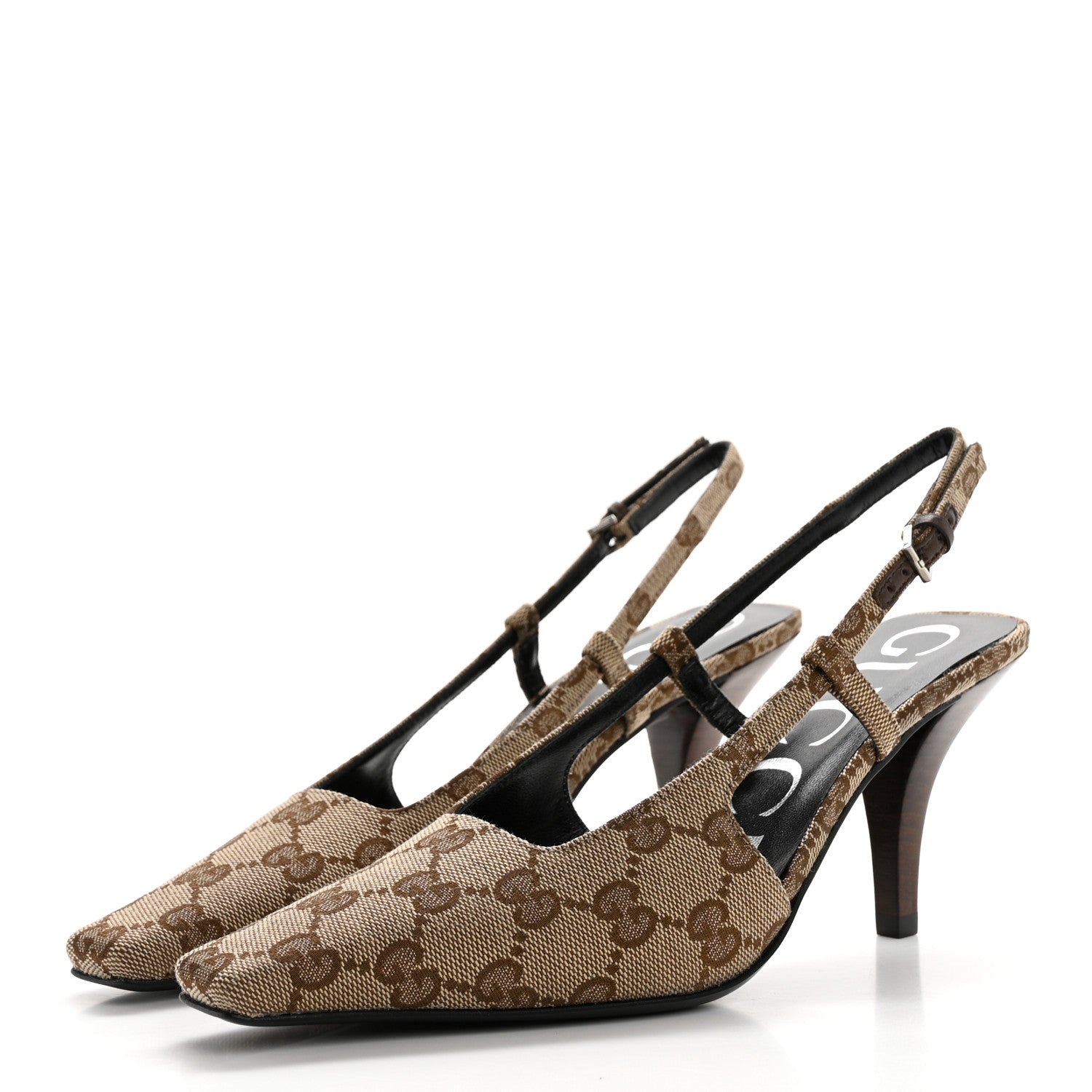 Gucci Monogram Malga Kid Square G 75mm Slingback Pumps 35 Beige Ebony New Acero 3 of 8