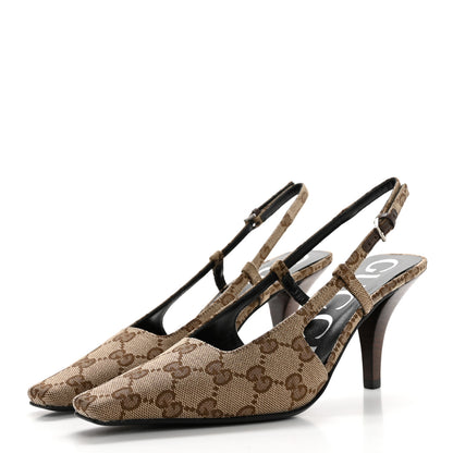 Gucci Monogram Malga Kid Square G 75mm Slingback Pumps 35 Beige Ebony New Acero 3 of 8