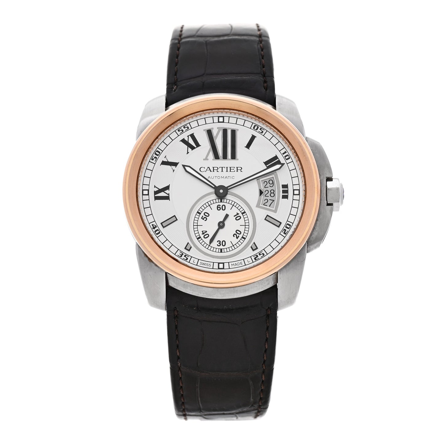 Stainless Steel 18K Pink Gold Alligator 42mm Calibre de Cartier Automatic Watch Brown