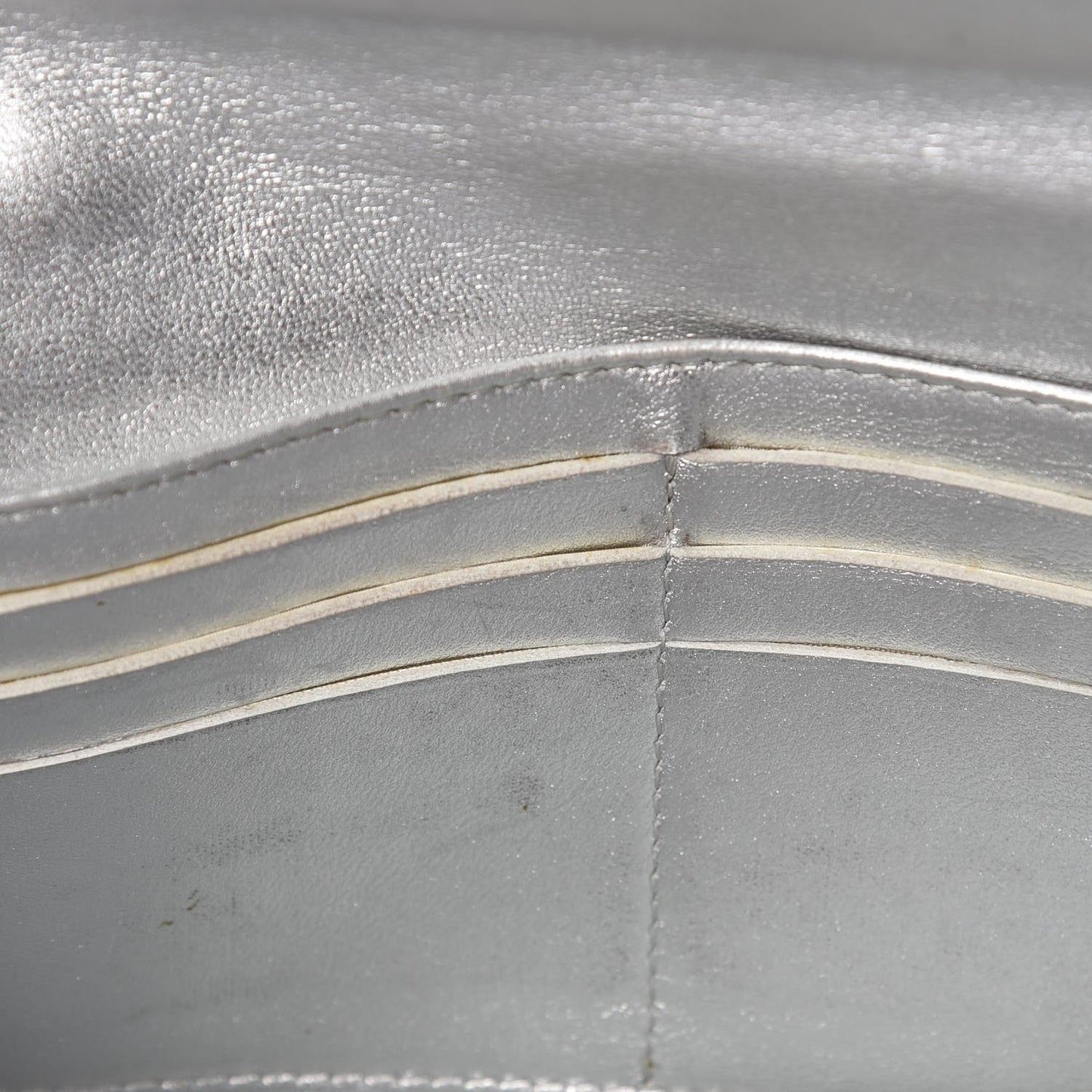 Metallic Lambskin Quilted Large Gusset Flap Wallet Silver