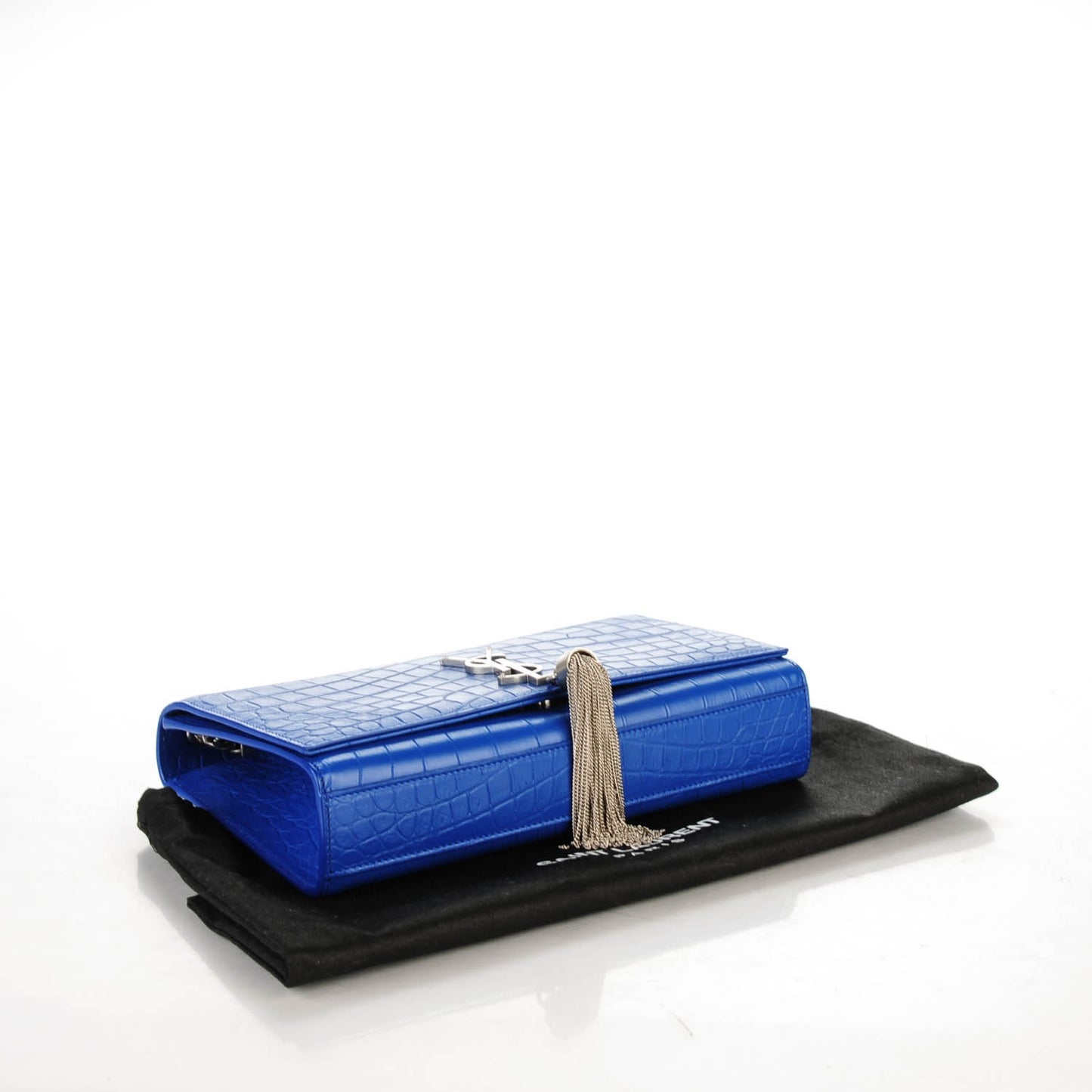 Calfskin Crocodile Embossed Medium Classic Monogram Kate Tassel Satchel Bleu Majorelle