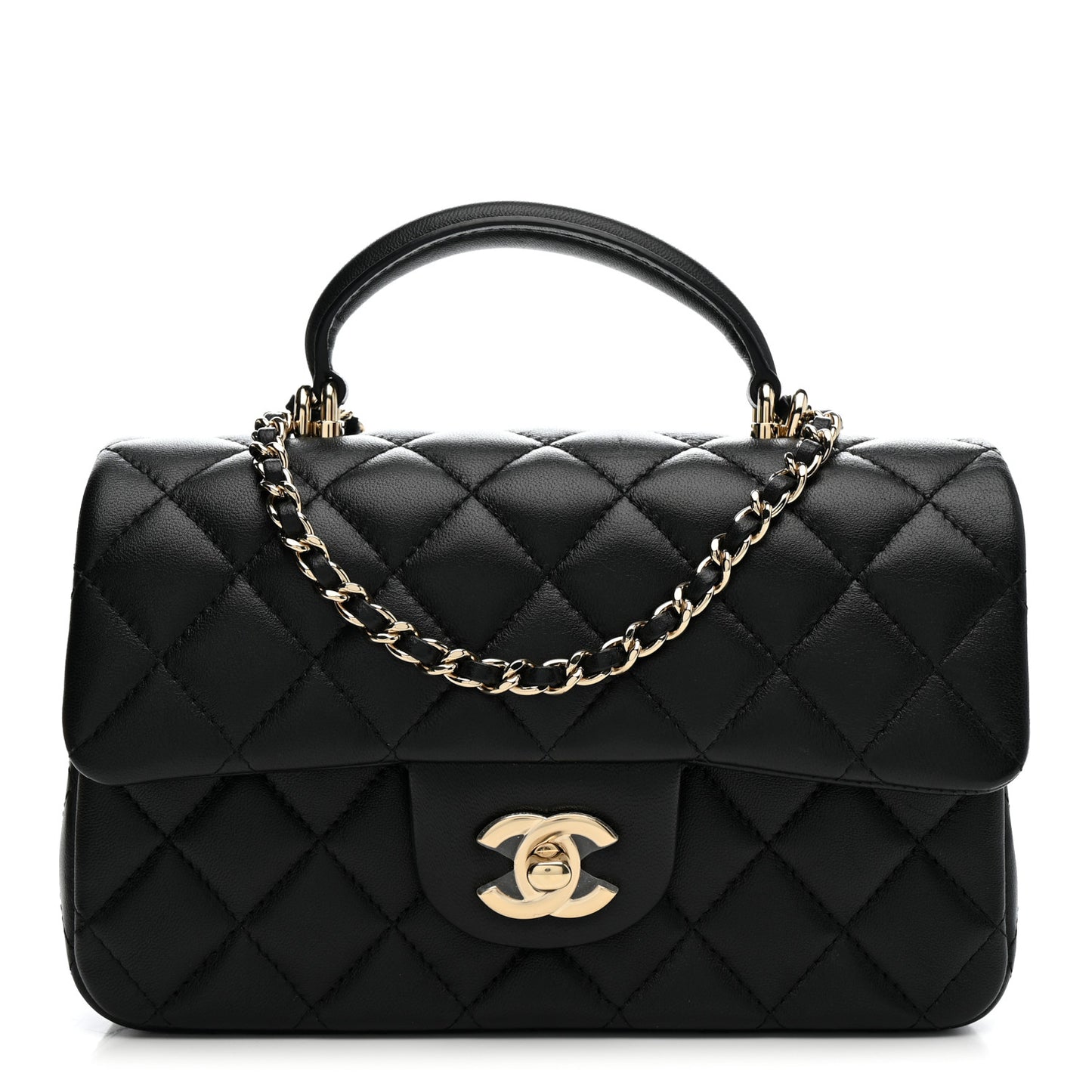 Lambskin Quilted Mini Top Handle Rectangular Flap Black