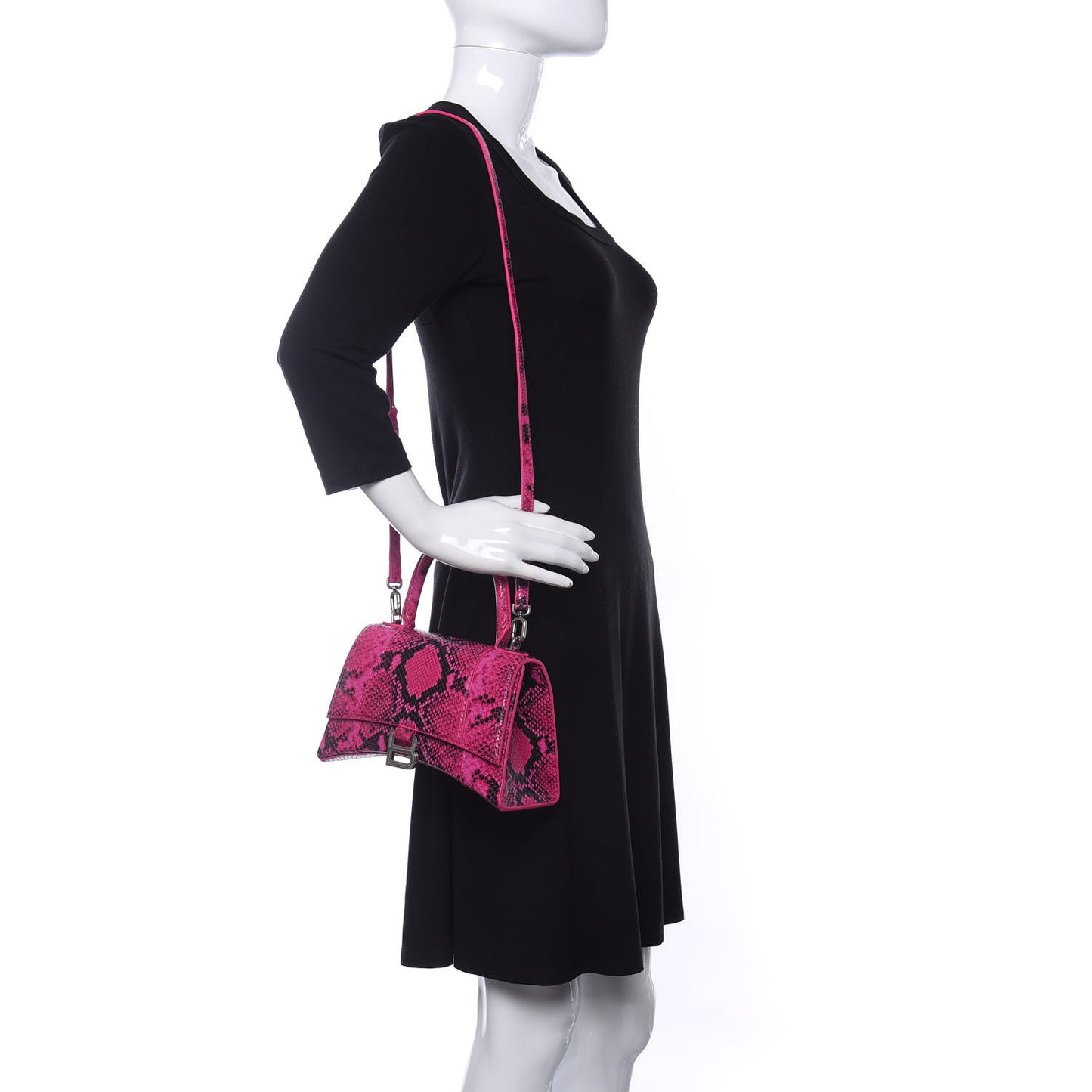 Shiny Calfskin Python Effect Small Hourglass Top Handle Bag Fuchsia Black