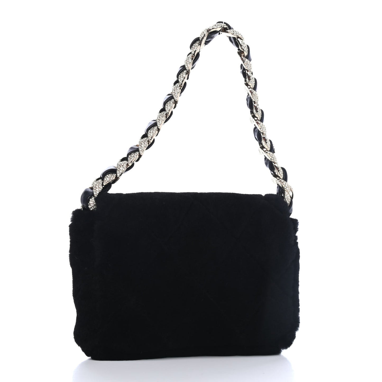Shearling Lambskin Crystal Strass Flap Black