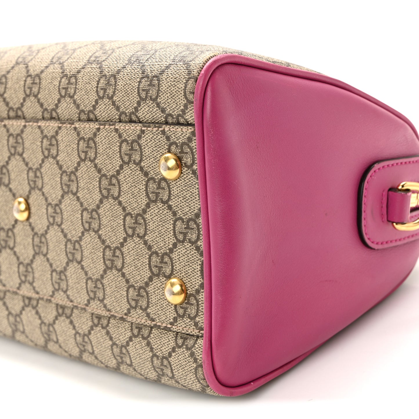 GG Supreme Monogram Moon Calfskin Small Boston Beige Ebony Hibiscus Red New Rosette