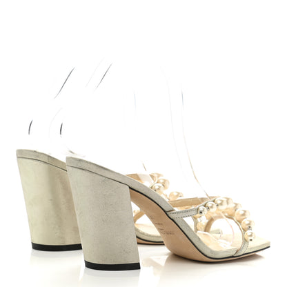 Jimmy Choo Shimmer Suede Pearl Embellished Amara 85 Mule Sandals 37 Champagne 4 of 7