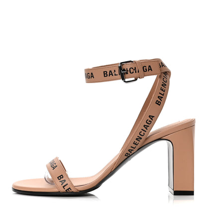 Balenciaga Smooth Calfskin Allover Logo Ankle Strap Round Heel 80mm Sandals 38.5 Beige Black 1 of 10