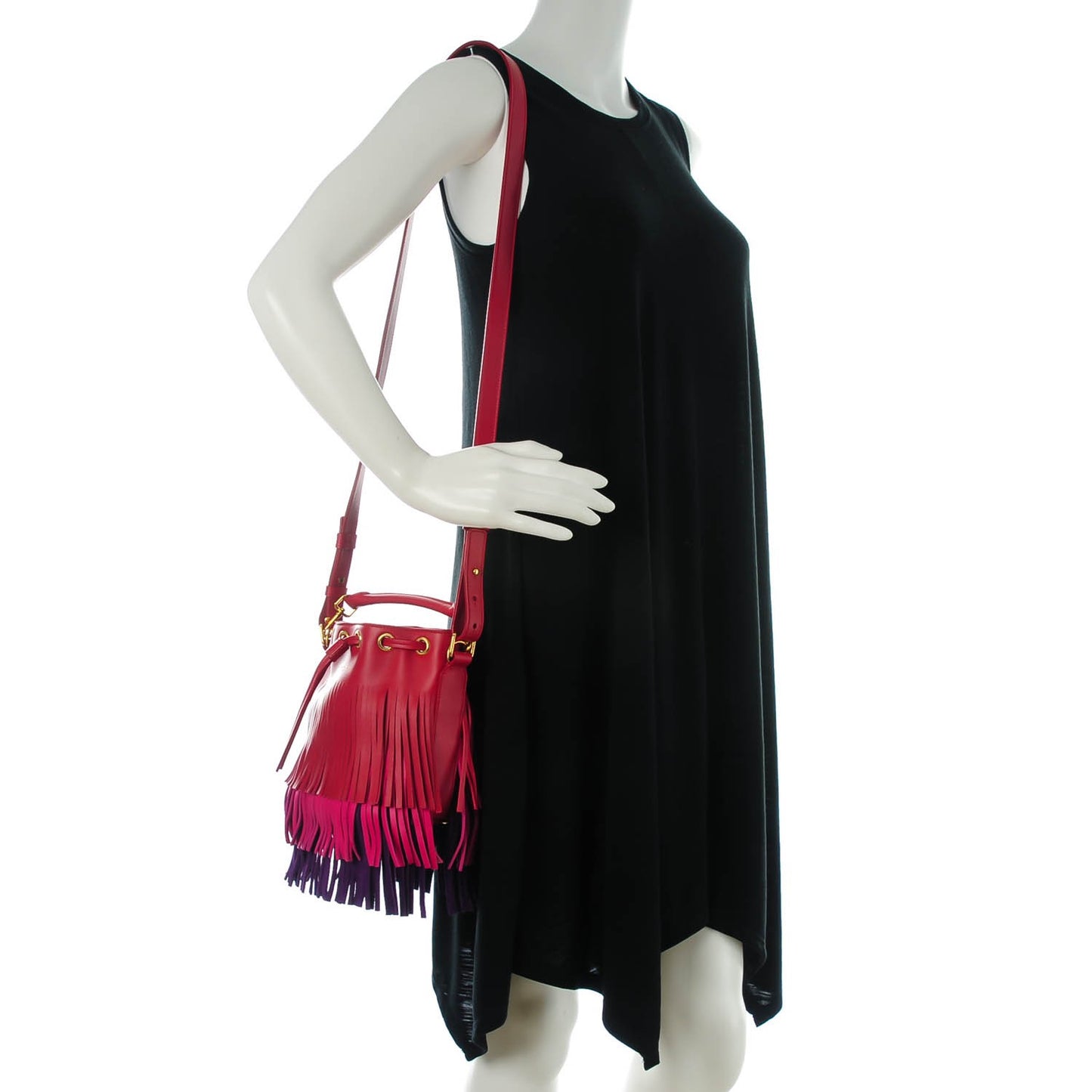 Calfskin Tri-Color Small Emmanuelle Fringe Bucket Bag Red Bubblegum Purple