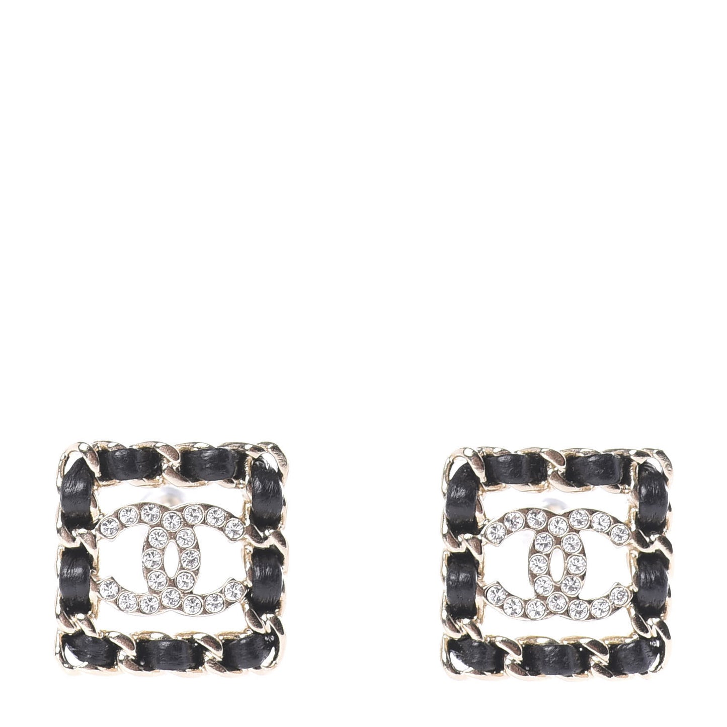 Crystal Lambskin Chain Sergeant Stud Earrings Black Gold