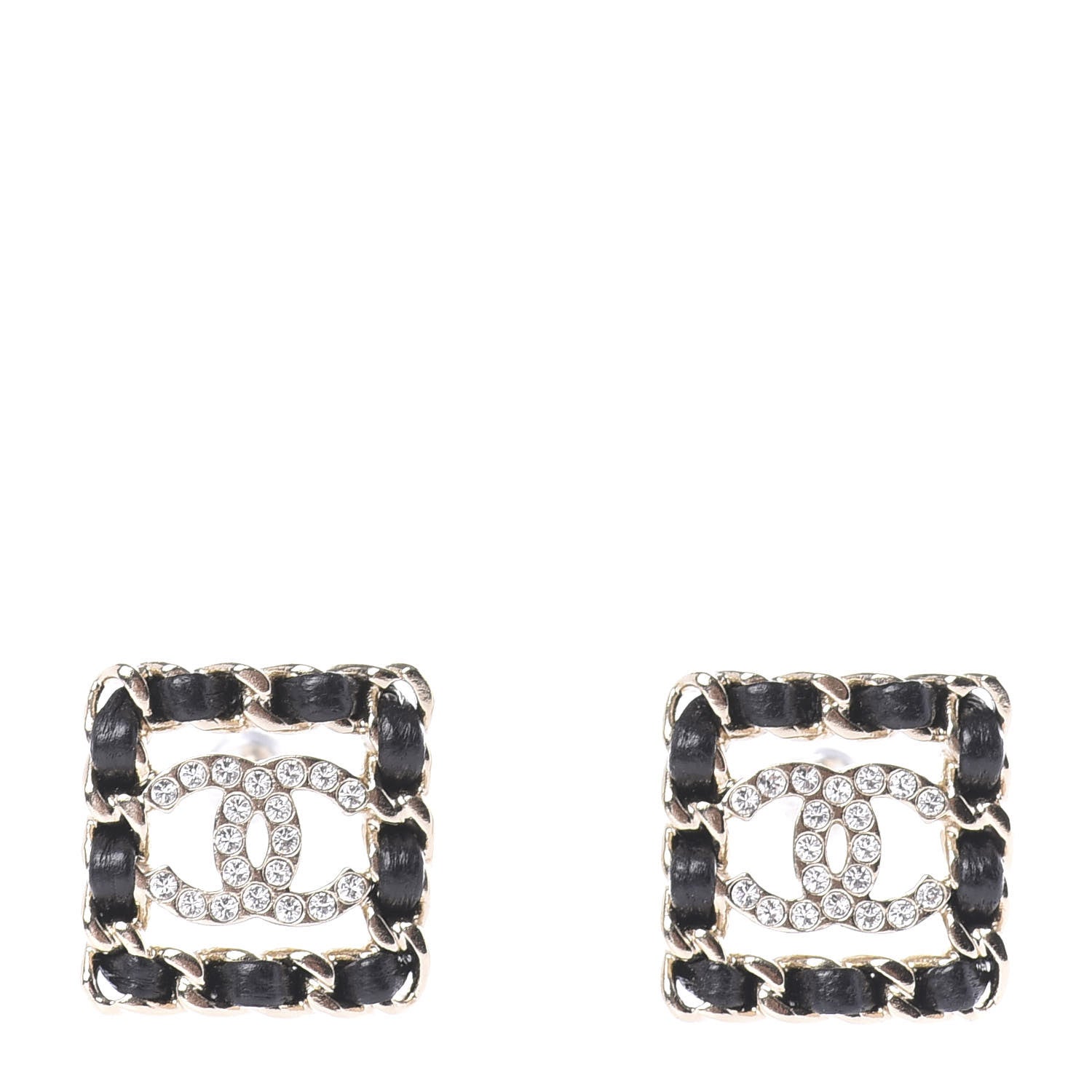 Chanel Crystal Lambskin Chain Sergeant Stud Earrings Black Gold 1 of 5