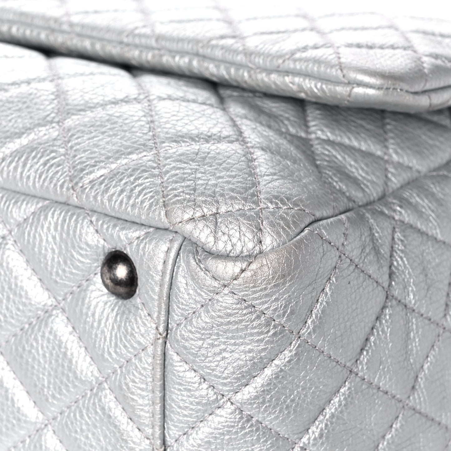 Metallic Calfskin Quilted XXL Travel Flap Bag Silver