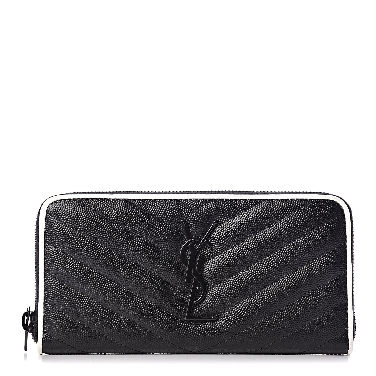 Saint Laurent Grain De Poudre Matelasse Chevron Monogram Zip Around Wallet Black Dove White 1 of 9