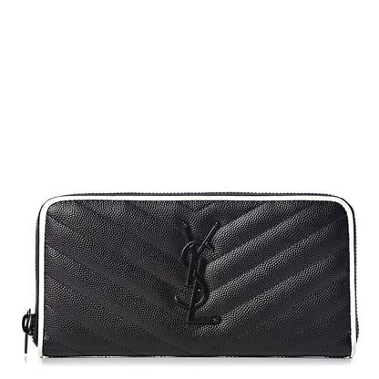 Saint Laurent Grain De Poudre Matelasse Chevron Monogram Zip Around Wallet Black Dove White 1 of 9