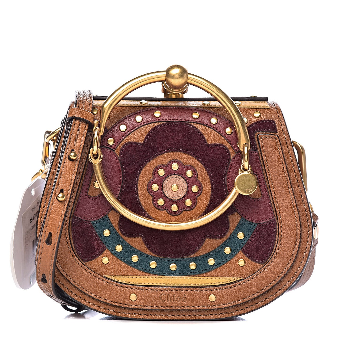 Calfskin Suede Floral Patchwork Small Nile Bracelet Bag Caramel