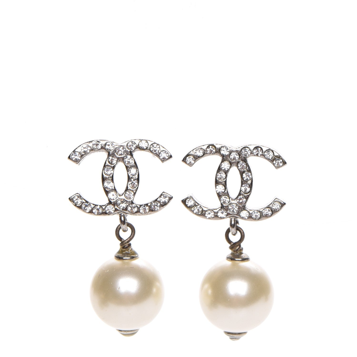 Chanel Crystal Pearl CC Drop Earrings Silver 1 of 5