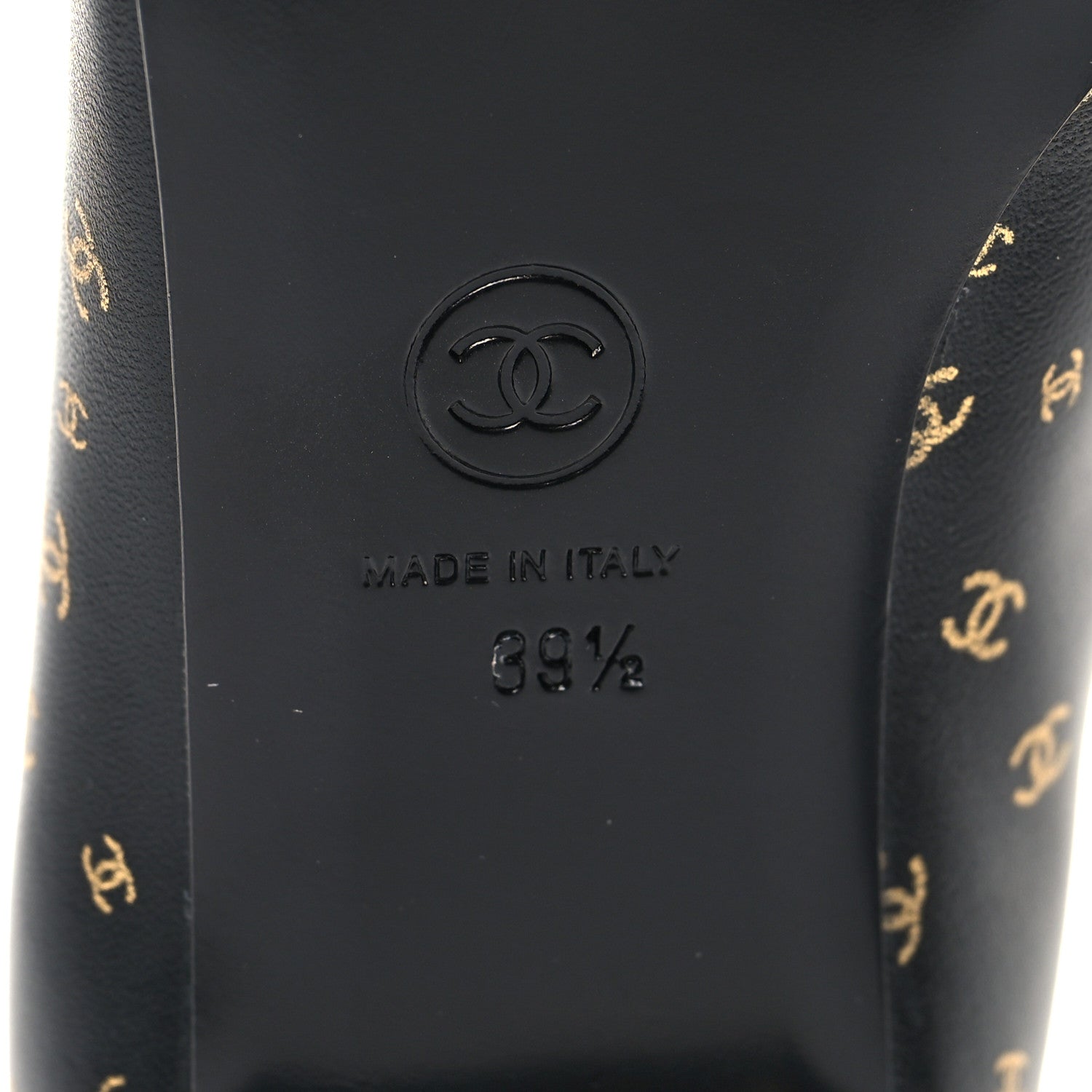 Chanel Lambskin Patent Calfskin Printed CC Cap Toe Ballerina Flats 39.5 Black Gold 7 of 9