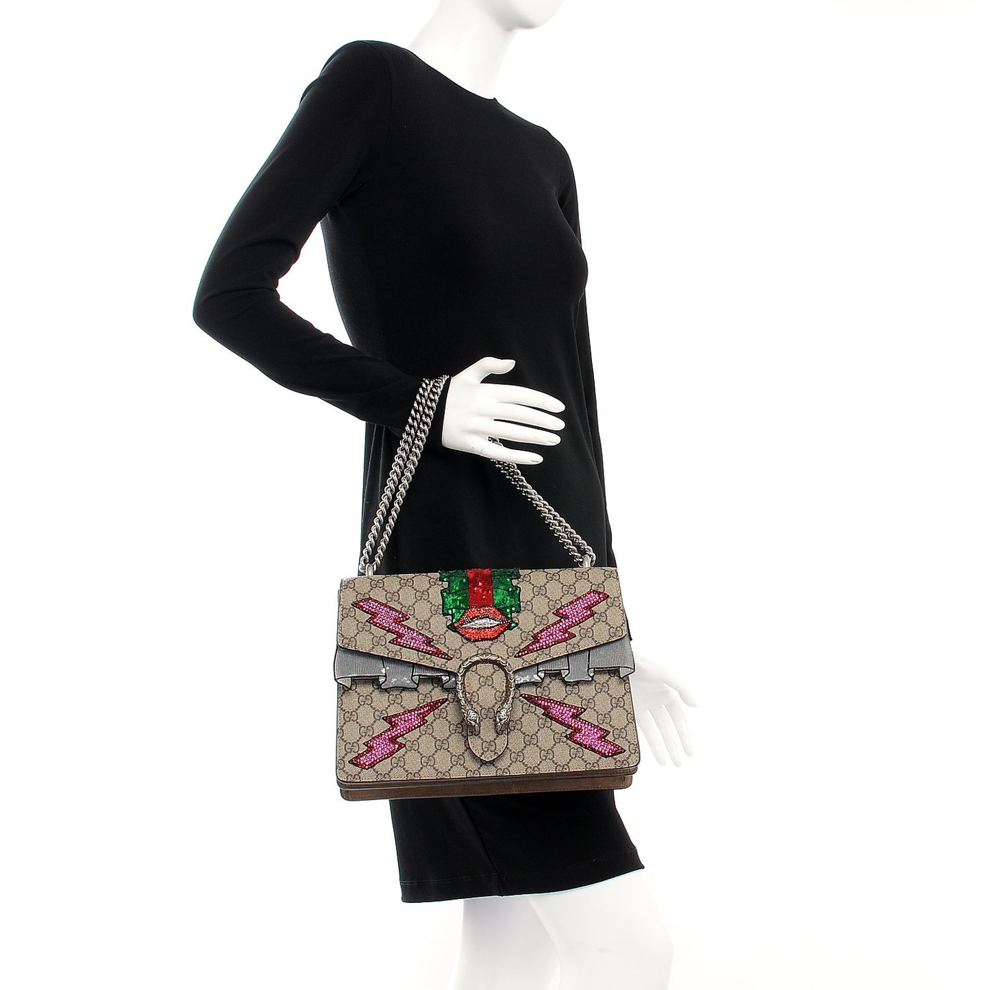 GG Supreme Monogram Lightning Embroidered Medium Dionysus Shoulder Bag Beige