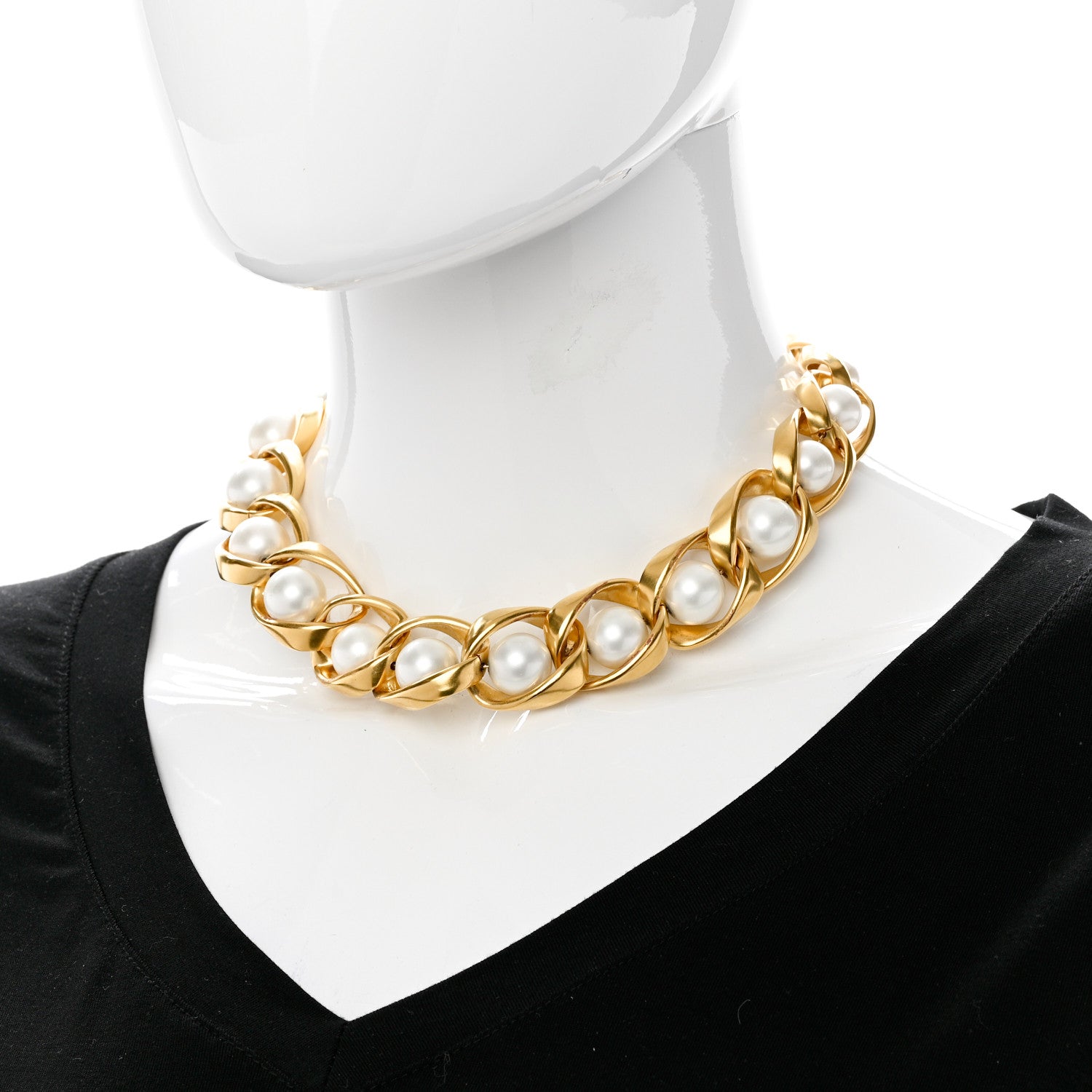 Saint Laurent Resin Pearl Chain Link Necklace Gold 2 of 6