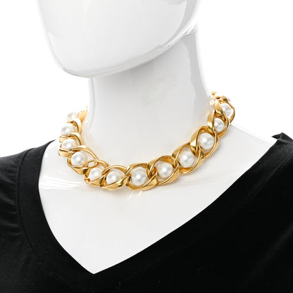 Saint Laurent Resin Pearl Chain Link Necklace Gold 2 of 6