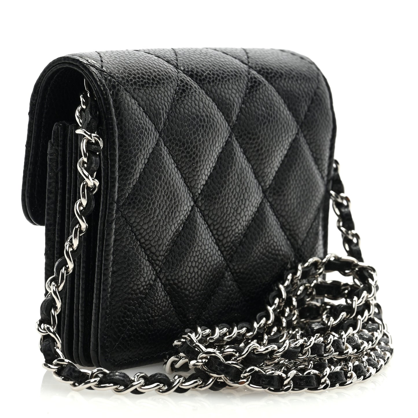 Caviar Quilted Flap Card Holder On Chain Black