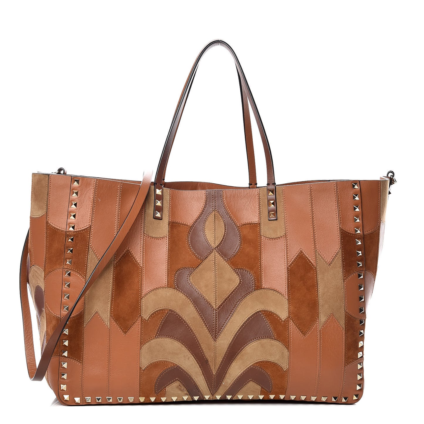 Calfskin Canvas Patchwork Medium Rockstud Reversible Tote Brown