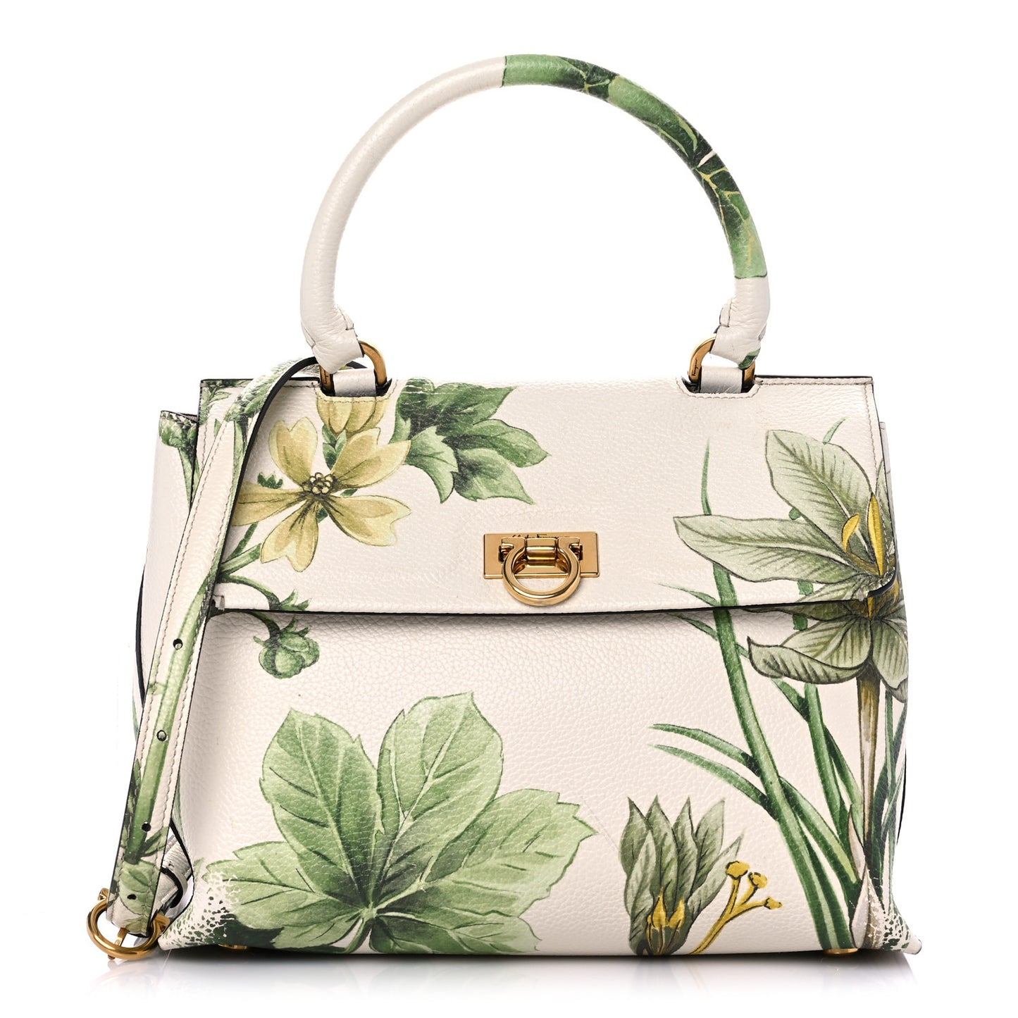 Calfskin Floral Print Trifolio Top Handle Bag Multicolor