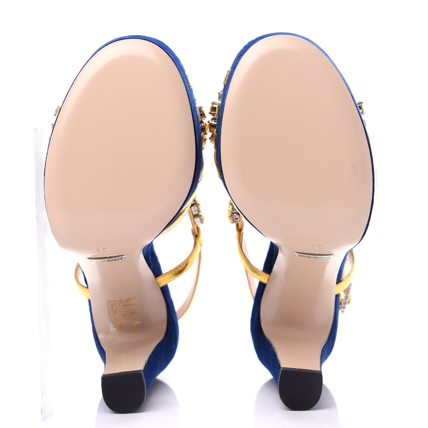 Velvet Nappa Crystal Zephyra Slingback Platform High Heel Sandals 36 Blue Gold