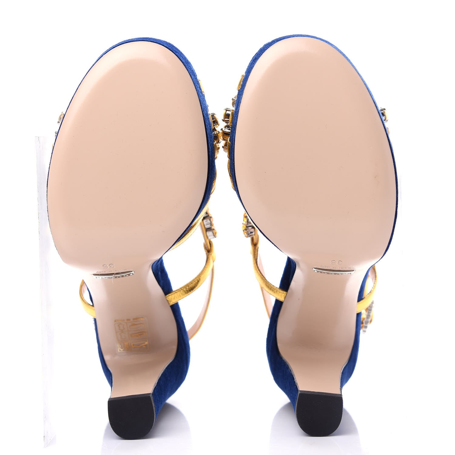 Gucci Velvet Nappa Crystal Zephyra Slingback Platform High Heel Sandals 36 Blue Gold 6 of 11