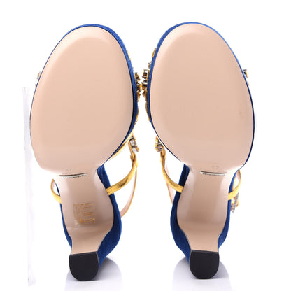 Gucci Velvet Nappa Crystal Zephyra Slingback Platform High Heel Sandals 36 Blue Gold 6 of 11