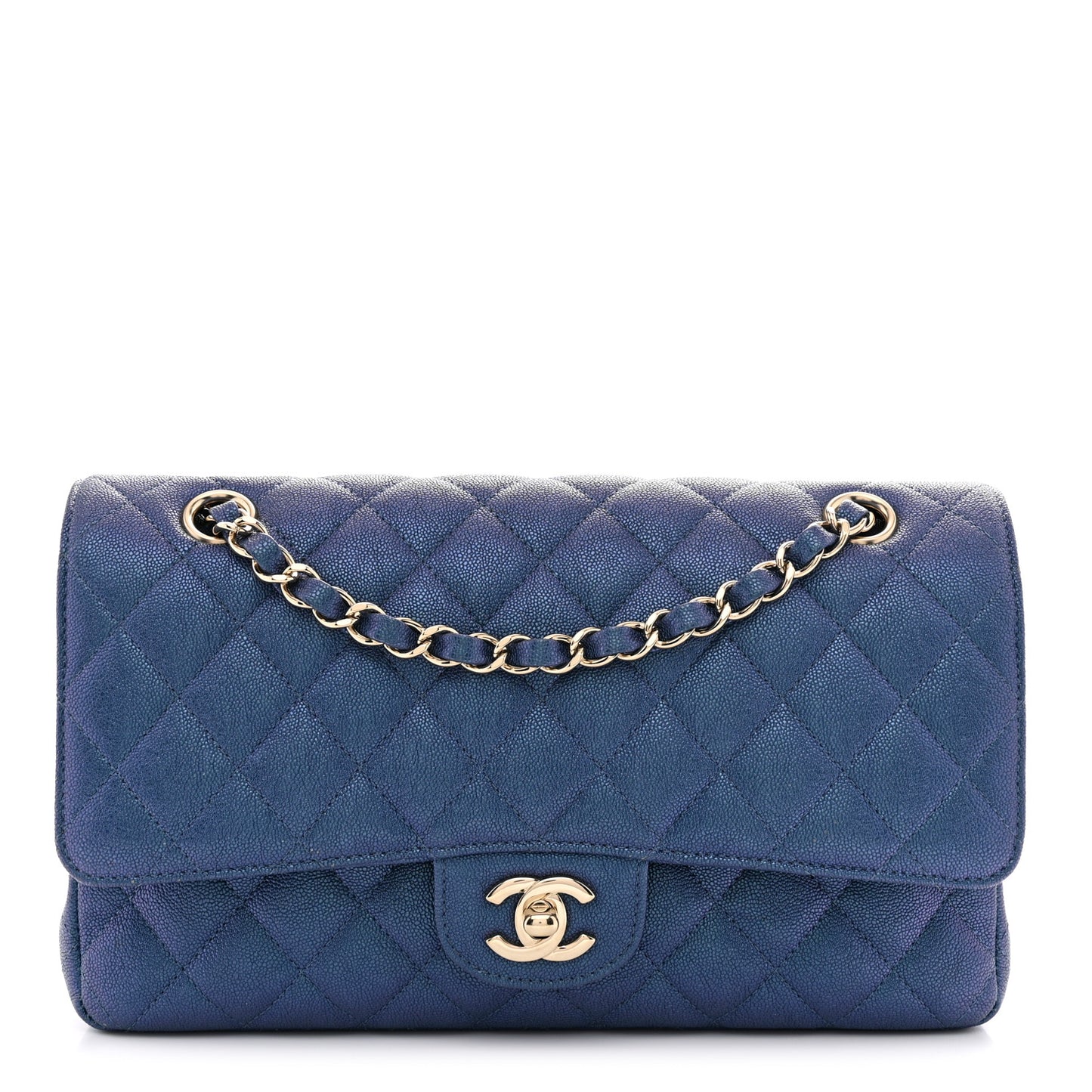 Iridescent Caviar Quilted Medium Double Flap Dark Blue