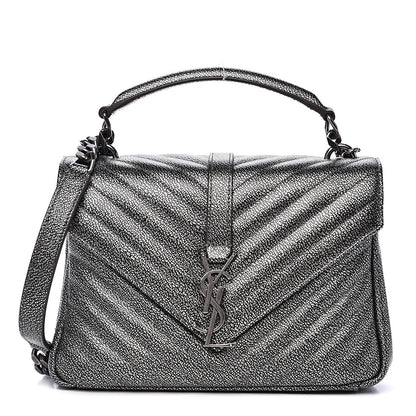 Saint Laurent Metallic Grain De Poudre Matelasse Chevron Monogram Medium College Bag Gunmetal 1 of 11