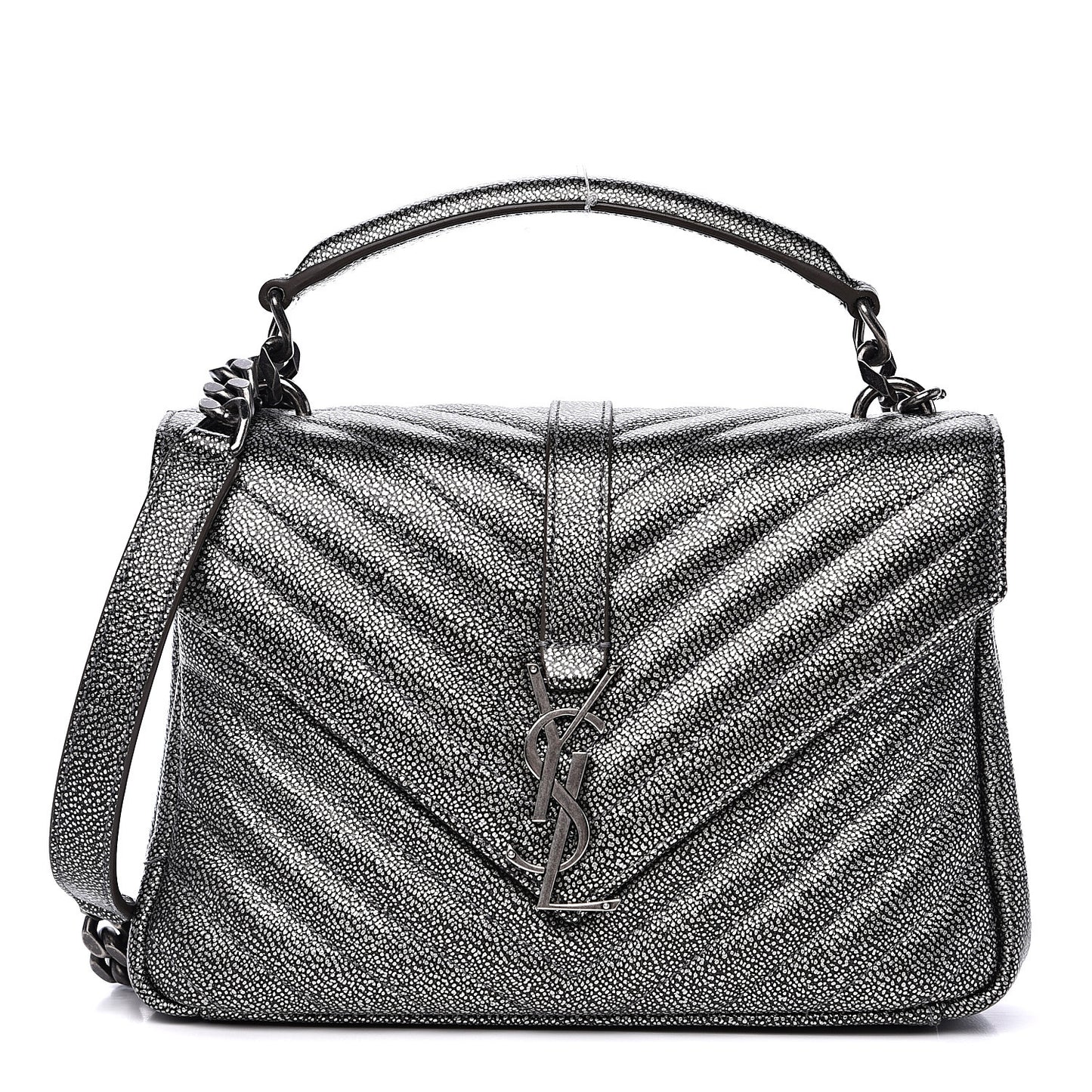 Metallic Grain De Poudre Matelasse Chevron Monogram Medium College Bag Gunmetal