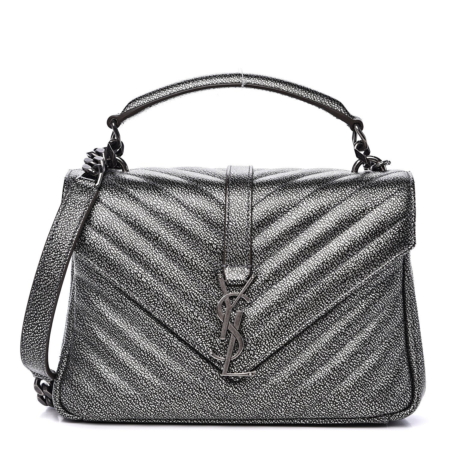 Saint Laurent Metallic Grain De Poudre Matelasse Chevron Monogram Medium College Bag Gunmetal 1 of 11
