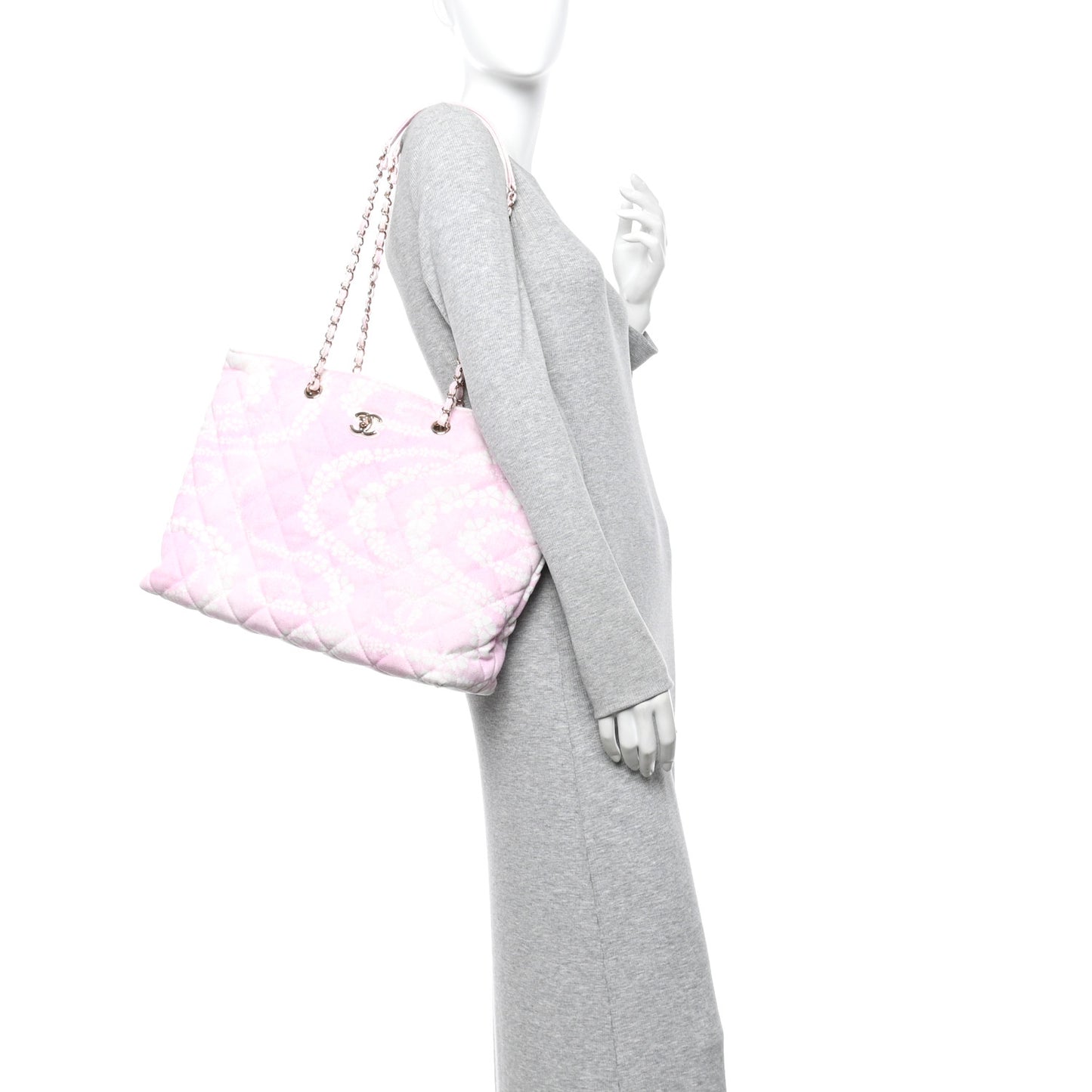 Printed Denim Quilted Coco Beach Shopping Tote Pink White