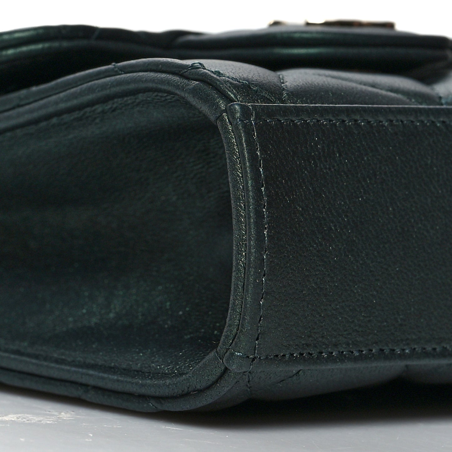 Iridescent Lambskin Quilted Top Handle Flap Clutch With Chain Dark Green