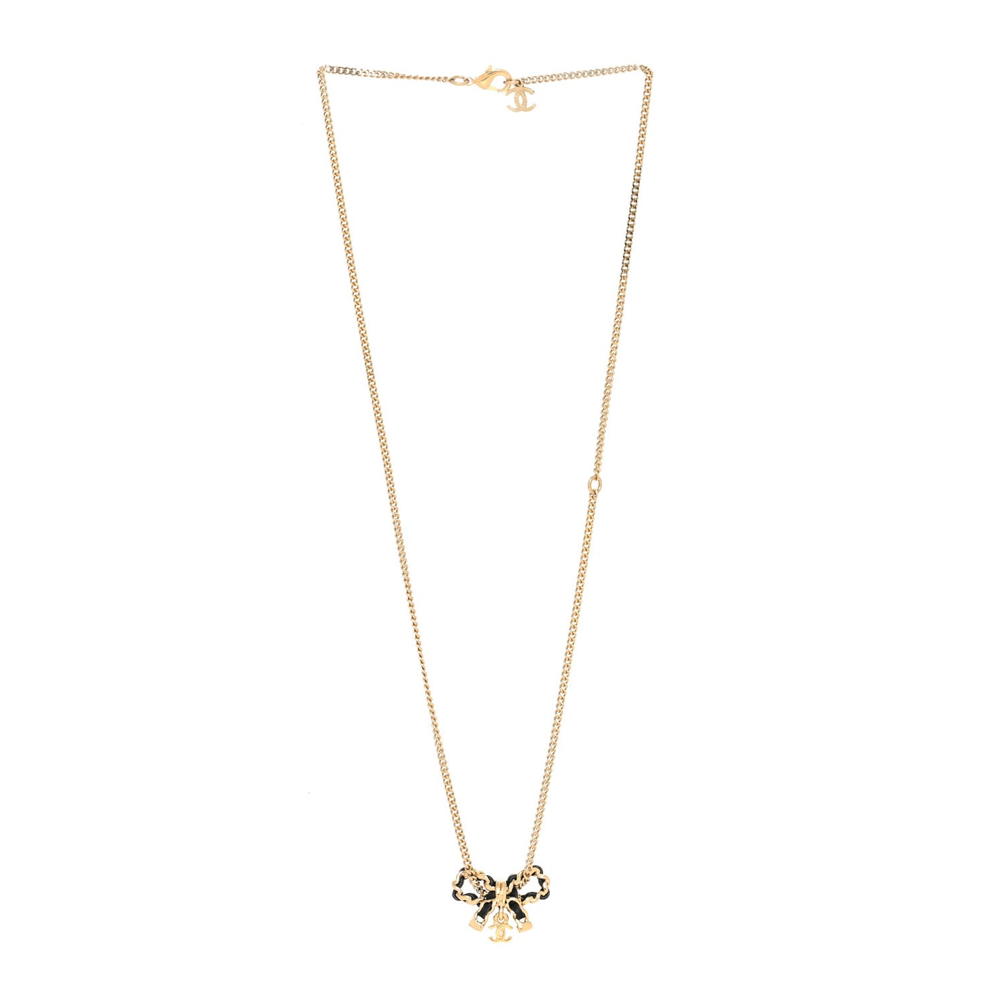 Metal Lambskin Chain CC Bow Necklace Black Gold