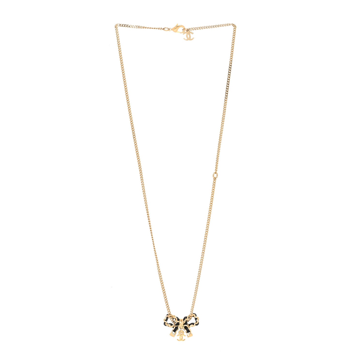 Chanel Metal Lambskin Chain CC Bow Necklace Black Gold 3 of 5