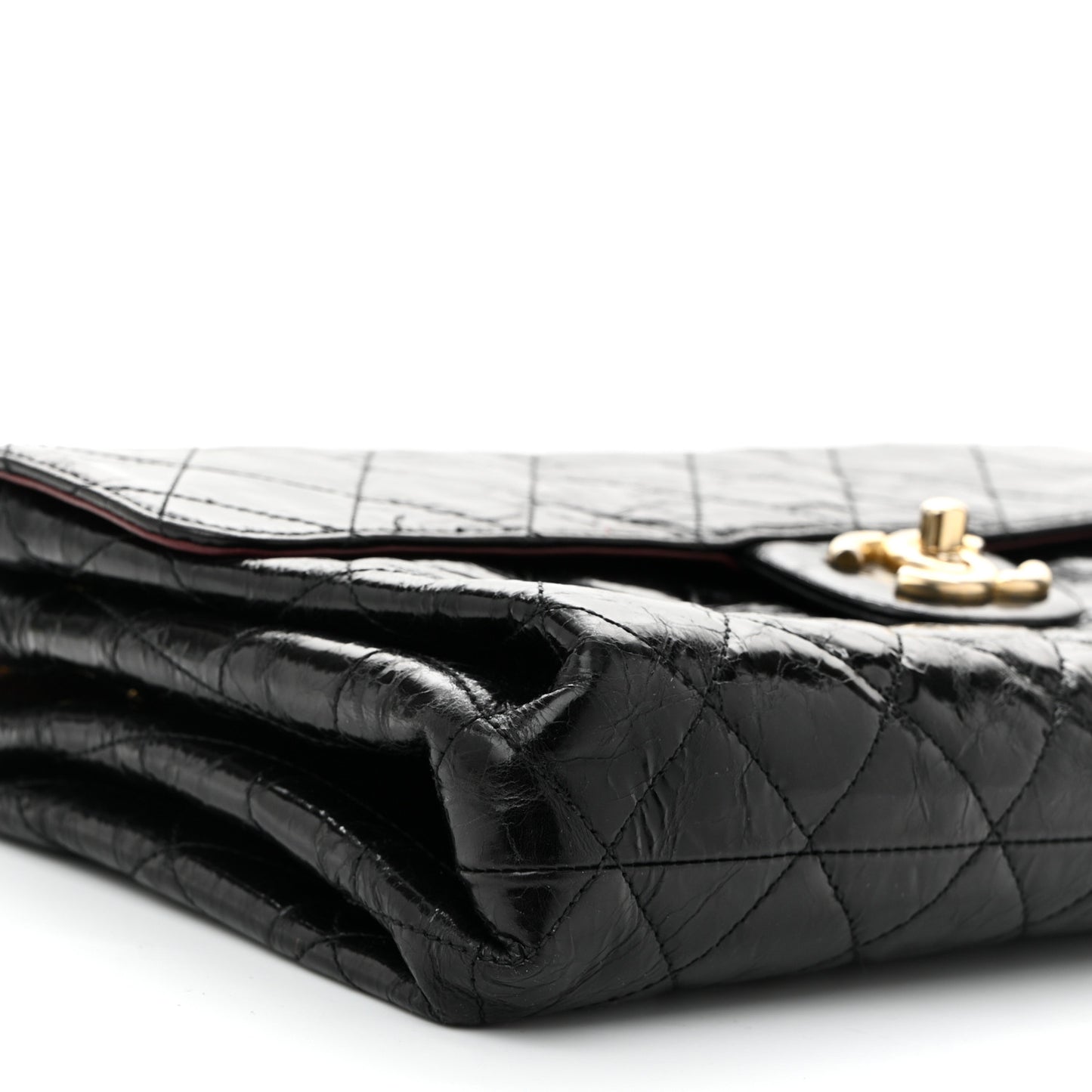 Glazed Crinkled Calfskin Quilted Flap Black