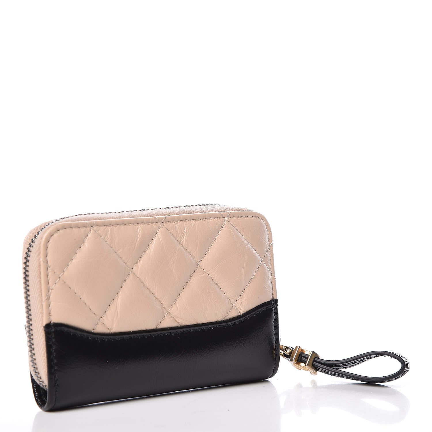 Chanel Aged Calfskin Quilted Gabrielle Zip Around Coin Purse Wallet Beige Black 3 of 15