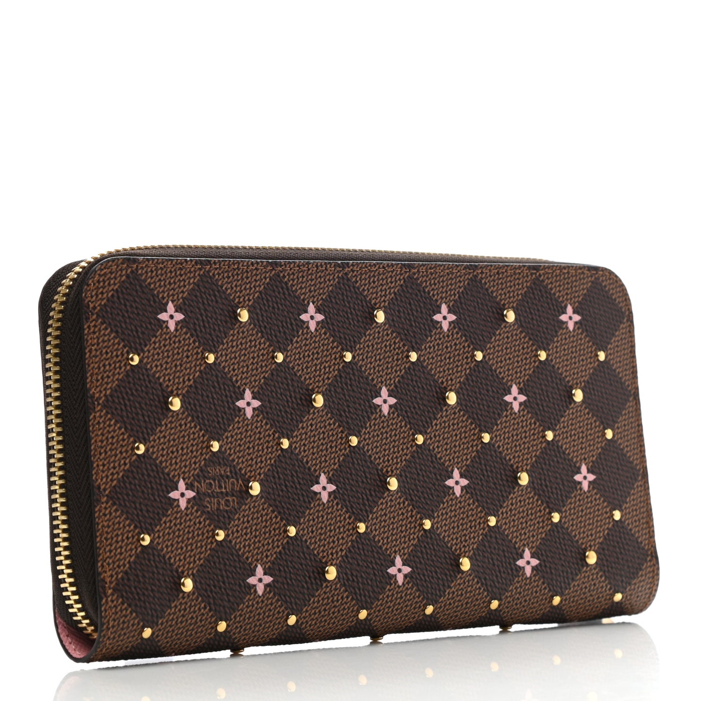 Damier Ebene Studded Zippy Wallet Rose Ballerine