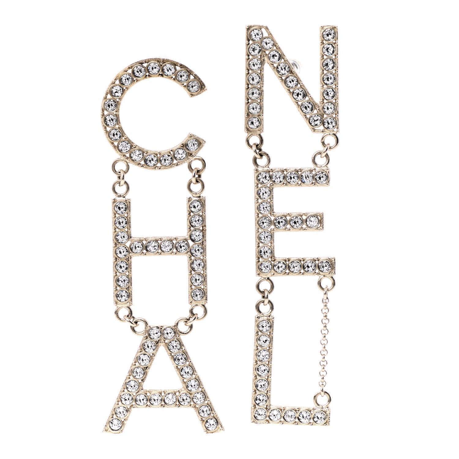 Chanel Crystal Cha-Nel Logo Drop Earrings Gold 1 of 5