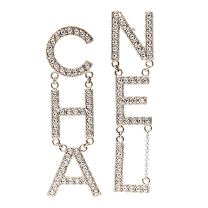 Chanel Crystal Cha-Nel Logo Drop Earrings Gold 1 of 5