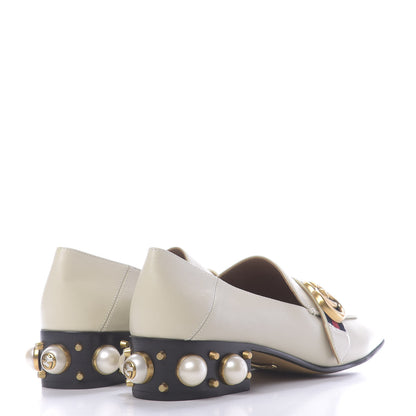 Gucci Betis Glamour Calfskin Web Pearl Embellished Peyton 35mm Loafer Pumps 37 Mystic White 4 of 12